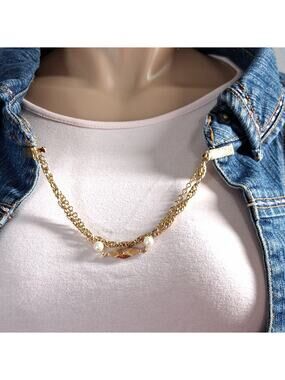 Vintage Sweater Guard Clip w/ Gold-Tone Double Chain Faux Pearls
